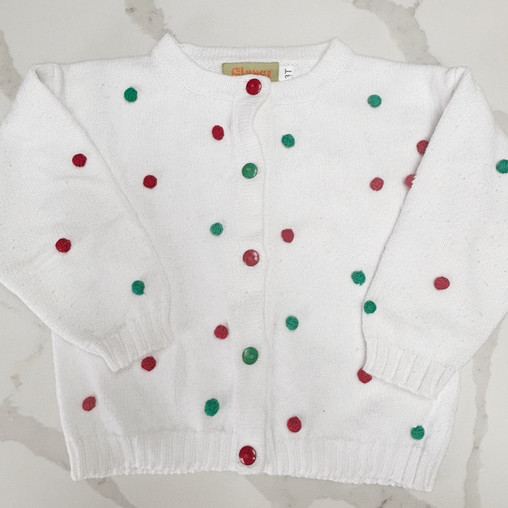 Claver Green & Red Pom Pom Polka Dot Kids Sweater